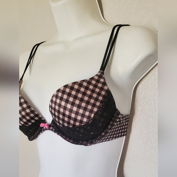 32C Victoria's Secret Very Sexy Push Up Gingham Checkered Black & Pink Lace Bra - Picture 3 of 6